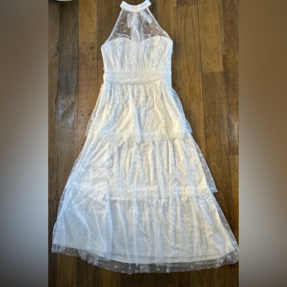 LULUS Positively Precious White Floral Mesh Tiered Halter Midi Dress A-line - Picture 4 of 10
